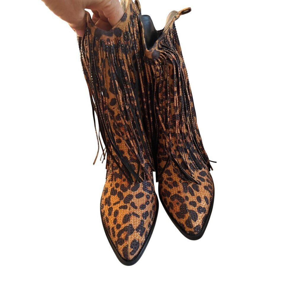 Ouepiano Womens Cowboy Boots Size 8.5 Leopard  Rhinestone Fringe Coachella New - Picture 3 of 16